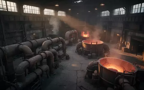 Industrielle Produktionshalle mit Metallbehältern und Rohren in einer Fabrik bei Dämmerung. - Foto: über boerse-global.de