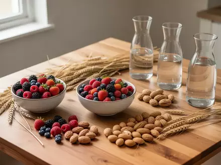 Eine Auswahl an frischem Obst, Nüssen und Getreide auf einem Holztisch bei natürlichem Morgenlicht. - Foto: über boerse-global.de