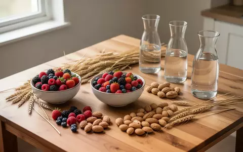 Eine Auswahl an frischem Obst, Nüssen und Getreide auf einem Holztisch bei natürlichem Morgenlicht. - Foto: über boerse-global.de