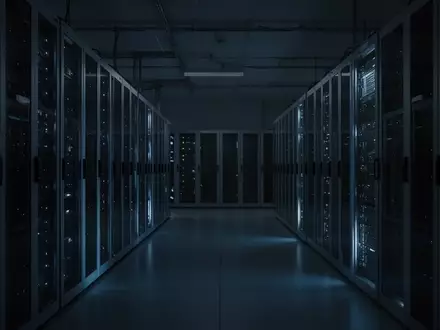 Dunkler, moderner Serverraum mit bläulicher Beleuchtung in einer leeren, industriellen Umgebung. - Foto: über boerse-global.de