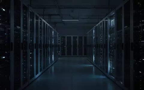 Dunkler, moderner Serverraum mit bläulicher Beleuchtung in einer leeren, industriellen Umgebung. - Foto: über boerse-global.de