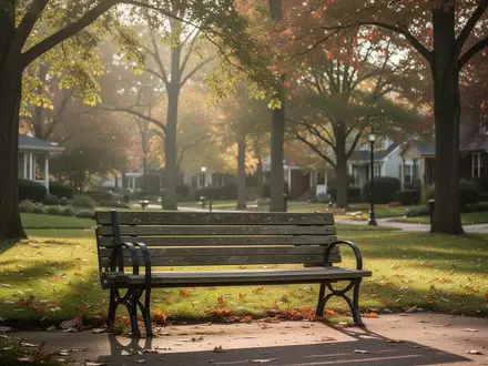 Eine leere Parkbank in einem sonnendurchfluteten, grünen Stadtpark im Herbst. - Foto: über boerse-global.de