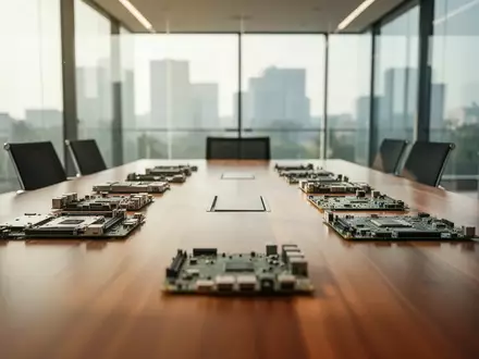 Moderner Konferenzraum in einem Büro mit technologischen Komponenten auf einem Holztisch. - Foto: über boerse-global.de