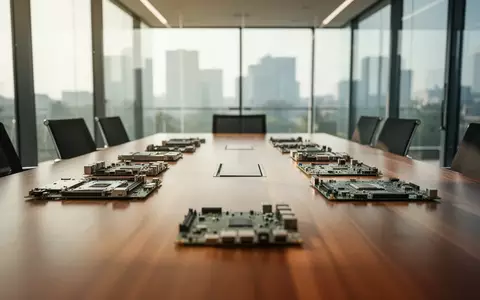 Moderner Konferenzraum in einem BĂĽro mit technologischen Komponenten auf einem Holztisch. - Foto: ĂĽber boerse-global.de