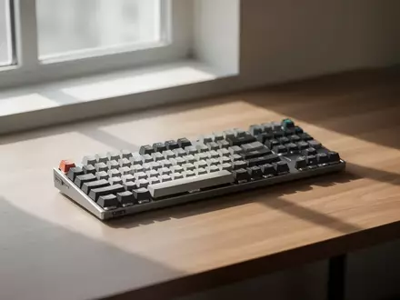 Ein minimalistischer Arbeitsplatz mit einer mechanischen Tastatur auf einem Holztisch bei natürlichem Lichteinfall. - Foto: über boerse-global.de