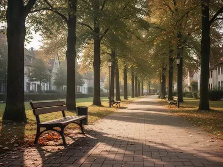 Ein sonniger Parkweg mit einer leeren Holzbank in einer kleinen Stadt, der Barrierefreiheit und öffentliche Räume symbolisiert. - Foto: über boerse-global.de