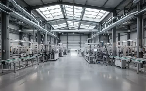 Eine moderne, weitläufige Industriehalle mit polierten Betonböden und automatisierten Fertigungsstraßen bei natürlichem Licht. - Foto: über boerse-global.de