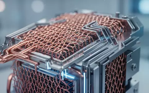 Nahaufnahme einer hochmodernen Kupfer-Kühlstruktur mit komplexem Geflecht und metallischen Oberflächen in einem Labor. - Foto: über boerse-global.de