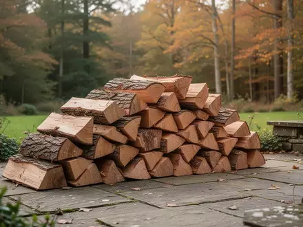 Ein ordentlich aufgeschichteter Stapel Brennholz auf einer Steinterrasse in einem herbstlichen Garten. - Foto: über boerse-global.de