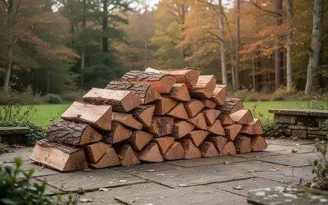 Ein ordentlich aufgeschichteter Stapel Brennholz auf einer Steinterrasse in einem herbstlichen Garten. - Foto: über boerse-global.de