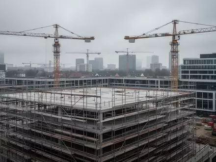 Eine moderne, unfertige Baustelle mit Baugerüsten und Kränen vor einem bewölkten Himmel. - Foto: über boerse-global.de