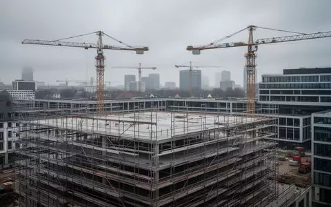 Eine moderne, unfertige Baustelle mit Baugerüsten und Kränen vor einem bewölkten Himmel. - Foto: über boerse-global.de