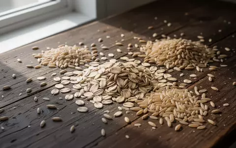 Verschiedene rohe Vollkorngetreidesorten auf einem dunklen Holztisch in natürlichem Licht. - Foto: über boerse-global.de