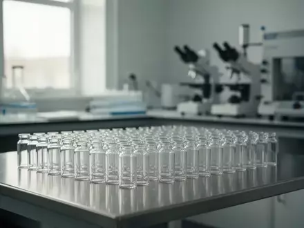 Leeres, steriles Labor mit Glasfläschchen auf einem Edelstahltisch in einer modernen Forschungseinrichtung. - Foto: über boerse-global.de