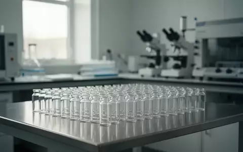 Leeres, steriles Labor mit Glasfläschchen auf einem Edelstahltisch in einer modernen Forschungseinrichtung. - Foto: über boerse-global.de