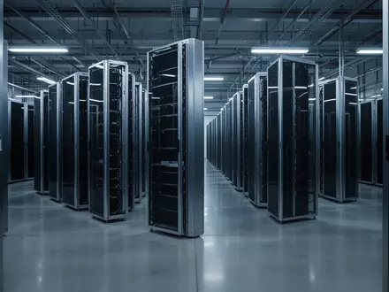 Eine weitläufige, modern gestaltete Serverhalle mit symmetrischen, dunkelmetallischen Kühlungsmodulen in kühlem, blauem Licht. - Foto: über boerse-global.de