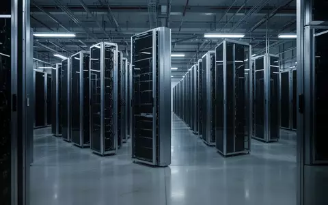 Eine weitläufige, modern gestaltete Serverhalle mit symmetrischen, dunkelmetallischen Kühlungsmodulen in kühlem, blauem Licht. - Foto: über boerse-global.de