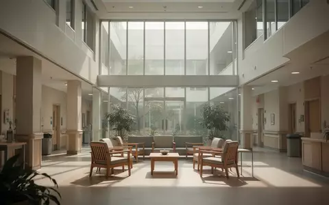 Ein lichtdurchflutetes, ruhiges Atrium in einer modernen Klinik mit minimalistischer Einrichtung und natürlichem Lichteinfall. - Foto: über boerse-global.de