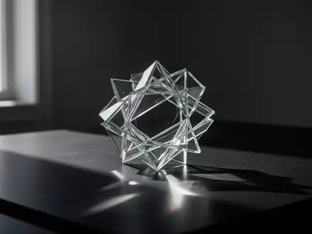 Eine komplexe, geometrische Glasstruktur auf einer dunklen, reflektierenden Oberfläche in einem ruhigen Raum. - Foto: über boerse-global.de