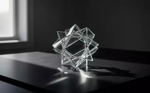 Eine komplexe, geometrische Glasstruktur auf einer dunklen, reflektierenden Oberfläche in einem ruhigen Raum. - Foto: über boerse-global.de