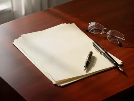 Ein aufgeräumter Schreibtisch mit leeren Dokumenten, einer Lesebrille und einem Füllfederhalter im sanften Tageslicht. - Foto: über boerse-global.de