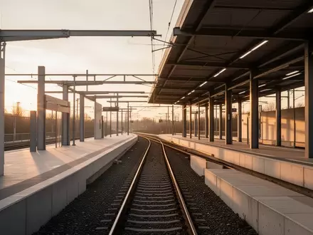 Ein moderner, menschenleerer Bahnsteig bei Sonnenuntergang mit minimalistischer Architektur. - Foto: über boerse-global.de