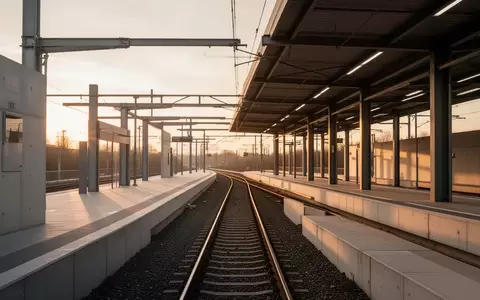 Ein moderner, menschenleerer Bahnsteig bei Sonnenuntergang mit minimalistischer Architektur. - Foto: über boerse-global.de