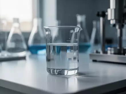 Ein sauberes Laborbecherglas auf einem weißen Labortisch in einer modernen, hellen Forschungsumgebung. - Foto: über boerse-global.de