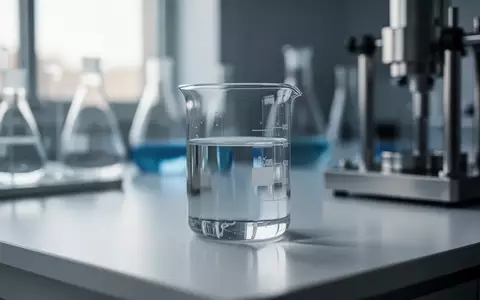 Ein sauberes Laborbecherglas auf einem weißen Labortisch in einer modernen, hellen Forschungsumgebung. - Foto: über boerse-global.de