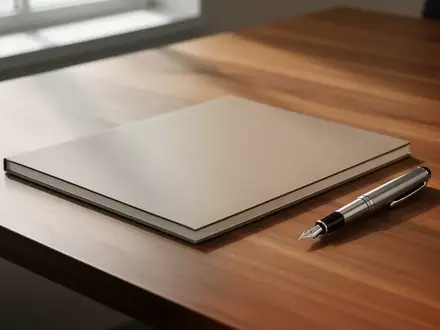 Ein minimalistischer Schreibtisch aus Holz mit einem leeren Notizbuch und einem Füllfederhalter bei natürlichem Licht. - Foto: über boerse-global.de