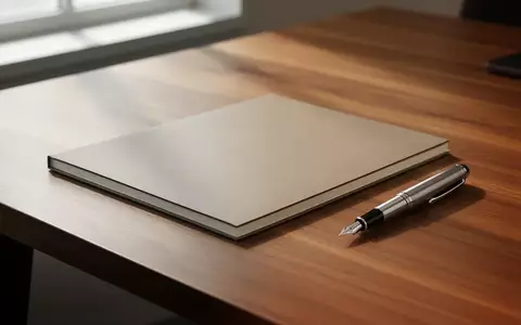 Ein minimalistischer Schreibtisch aus Holz mit einem leeren Notizbuch und einem Füllfederhalter bei natürlichem Licht. - Foto: über boerse-global.de