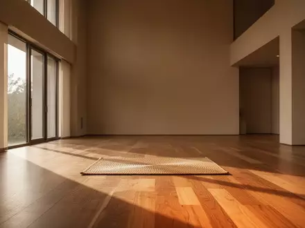 Ein minimalistischer Meditationsraum mit warmem Tageslicht, das durch große Fenster auf einen Holzboden fällt. - Foto: über boerse-global.de