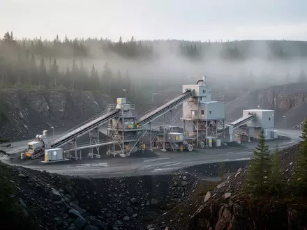 Moderne Mineralverarbeitungsanlage in einer bewaldeten Landschaft in Nova Scotia bei nebligem Morgenlicht. - Foto: über boerse-global.de