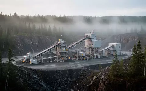 Moderne Mineralverarbeitungsanlage in einer bewaldeten Landschaft in Nova Scotia bei nebligem Morgenlicht. - Foto: über boerse-global.de