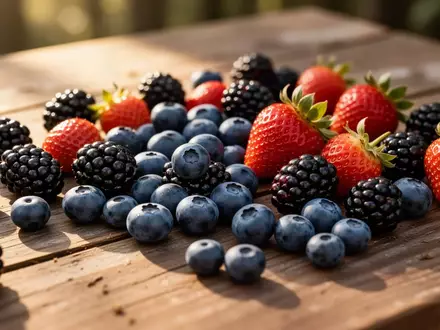 Nahaufnahme von frischen Beeren auf einem Holztisch bei natürlichem Licht. - Foto: über boerse-global.de