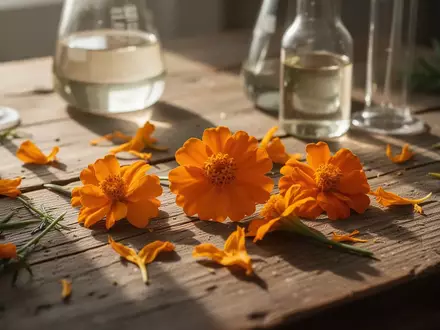 Orange Blütenblätter der Tagetes erecta auf einem Holztisch neben Laborutensilien zur Ölgewinnung. - Foto: über boerse-global.de