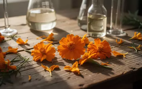 Orange Blütenblätter der Tagetes erecta auf einem Holztisch neben Laborutensilien zur Ölgewinnung. - Foto: über boerse-global.de