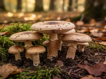 Verschiedene Wildpilze auf einem moosigen Waldboden im Herbstlicht. - Foto: über boerse-global.de