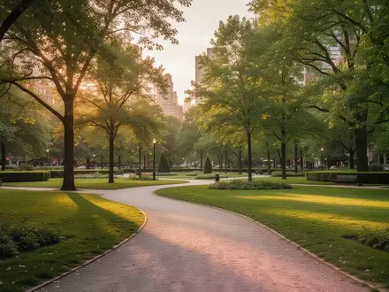 Ein sonniger Stadtpark mit einem geschwungenen Kiesweg, der durch eine grüne Landschaft führt. - Foto: über boerse-global.de