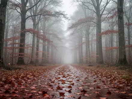 Ein von feuchtem Herbstlaub bedeckter Waldweg an einem nebligen, bewölkten Tag mit trockenen Buchen im Hintergrund. - Foto: über boerse-global.de