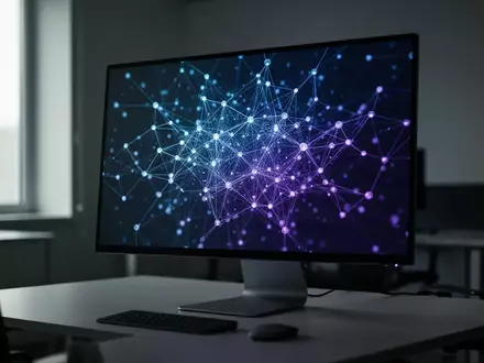 Ein moderner Arbeitsplatz mit einem Monitor, der ein abstraktes digitales Netzwerk in blau und lila darstellt. - Foto: über boerse-global.de