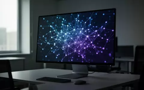 Ein moderner Arbeitsplatz mit einem Monitor, der ein abstraktes digitales Netzwerk in blau und lila darstellt. - Foto: über boerse-global.de