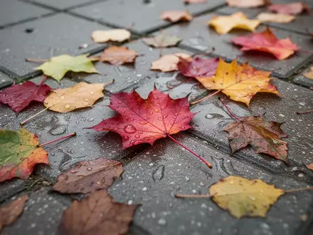 Nasses, buntes Herbstlaub auf einem grauen Gehweg bei diffusem Tageslicht. - Foto: über boerse-global.de