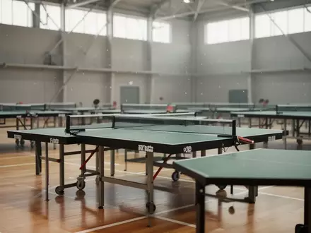 Eine leere, helle Sporthalle mit aufgestellten Tischtennisplatten in einer professionellen Wettbewerbsumgebung. - Foto: über boerse-global.de