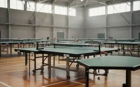 Eine leere, helle Sporthalle mit aufgestellten Tischtennisplatten in einer professionellen Wettbewerbsumgebung. - Foto: über boerse-global.de