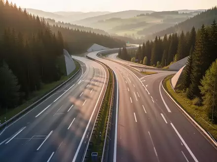 Eine moderne, kurvenreiche Autobahn durch eine europäische Berglandschaft bei Sonnenuntergang ohne Fahrzeuge. - Foto: über boerse-global.de