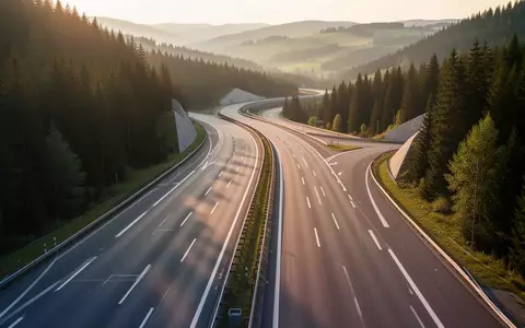 Eine moderne, kurvenreiche Autobahn durch eine europäische Berglandschaft bei Sonnenuntergang ohne Fahrzeuge. - Foto: über boerse-global.de