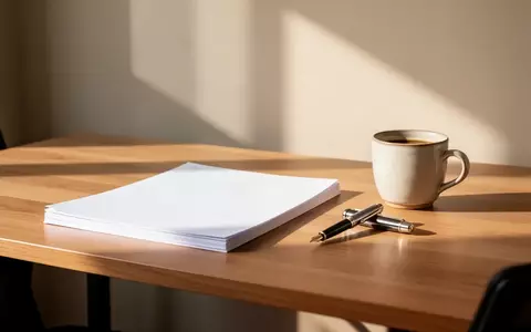 Ein minimalistischer moderner Schreibtisch mit Papierstapel und Stift in hellem, natürlichem Licht. - Foto: über boerse-global.de