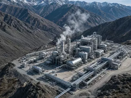 Moderne Wasserstoff-Produktionsanlage in einer weitläufigen, gebirgigen Industrielandschaft bei Tageslicht. - Foto: über boerse-global.de