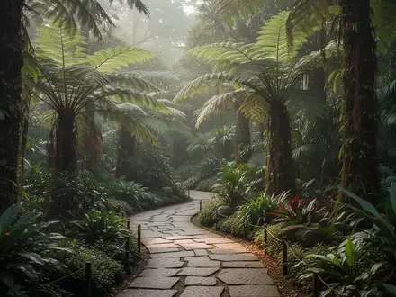 Ein ruhiger, üppig bewachsener botanischer Garten mit verschlungenen Steinwegen und dichtem tropischem Blattwerk. - Foto: über boerse-global.de